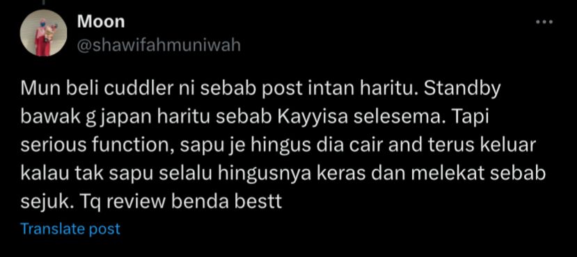 “Sapu je hingus dia cair and terus keluar. Kalau tak sapu selalu hingusnya keras dan melekat sebab sejuk” 😷

Sukanya dapat feedback Cuddler Cream dari kawan sendiri! Best sebab travel friendly 😍