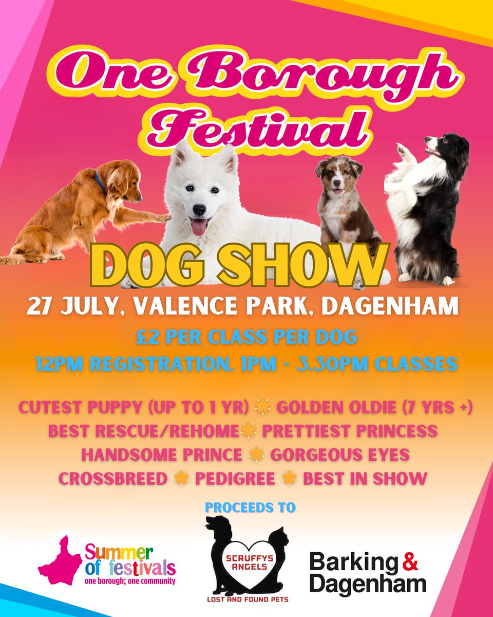 Calling all dogs owners, join us tomorrow for the free One Borough Festival, a great day out for all the family including you furry friends. Classes are £2 per dog per class with proceeds to local charity Scruffys Angels!  See you tomorrow at Valence Park.
lbbd.gov.uk/oneboroughfest