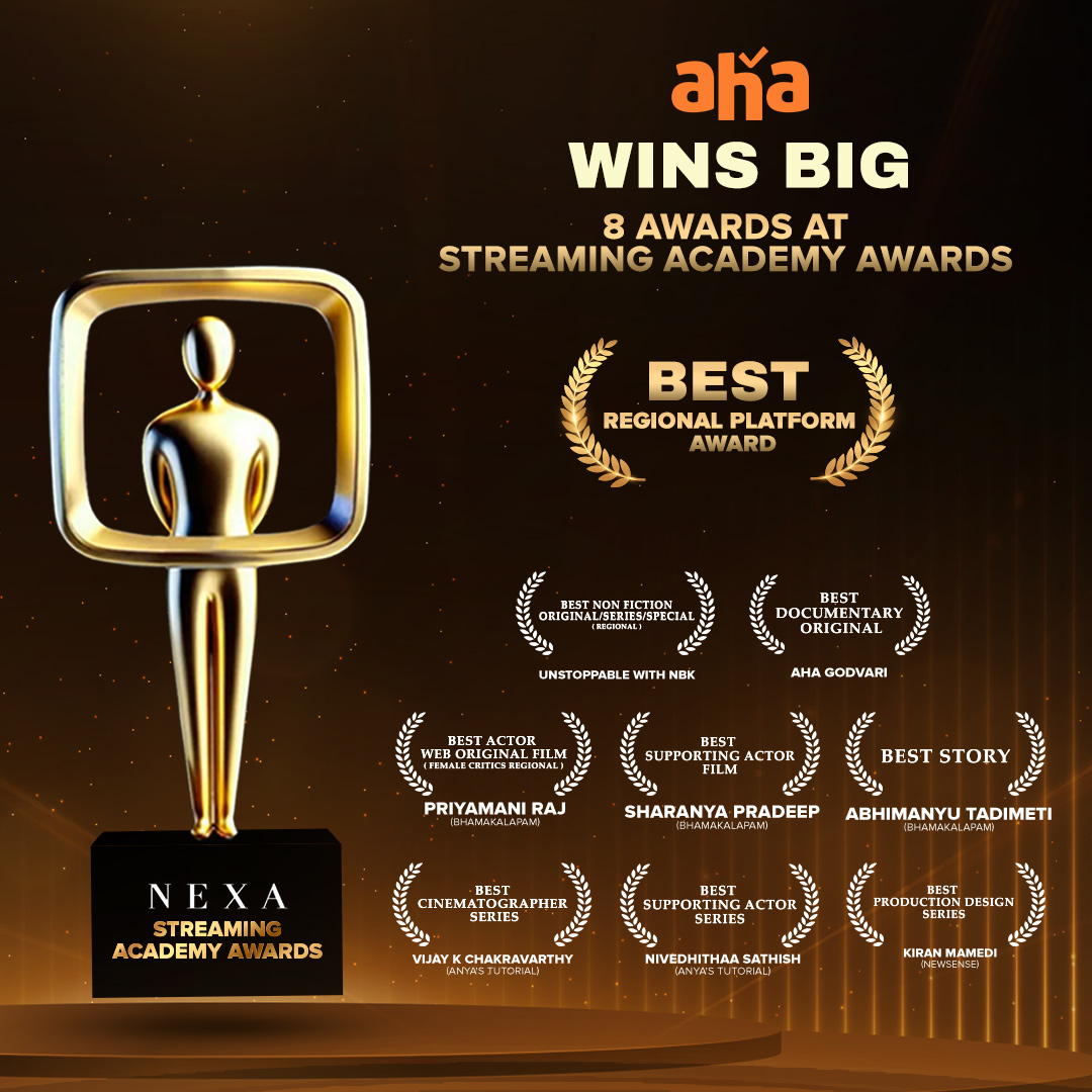 ahavideoIN's tweet photo. 8 BIG awards and counting! 🏆🎉 We can't keep calm because Aha just did THAT! This is more than a moment—it's a movement! 🙌✨
#AwardWinning #Unstoppable #bhamakalapam #Newsense #AnyasTutorial #AhaGodari #NBK #Priyamani @pnavdeep26 https://t.co/mxoVpU4QFx