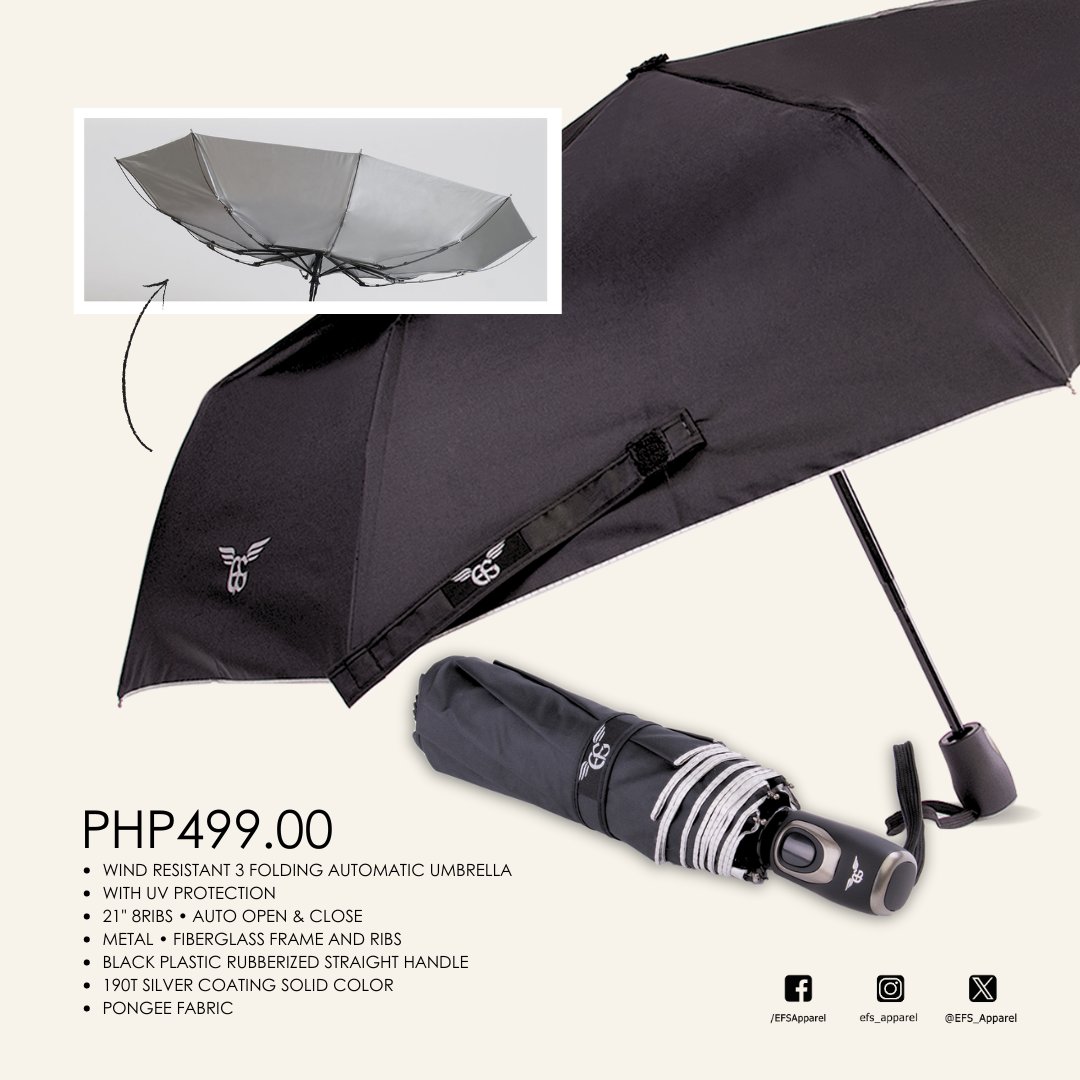 EFS_Apparel's tweet image. EFS Umbrella: Php499.00

-Wind Resistant 3 Folding Automatic Umbrella
-With UV Protection
-21" 8RIBS • AUTO OPEN &amp;amp; CLOSE 
-METAL • FIBERGLASS FRAME AND RIBS
-BLACK PLASTIC RUBBERIZED STRAIGHT HANDLE
-190T SILVER COATING SOLID COLOR
-PONGEE FABRIC

#EFSApparel #StaySafe