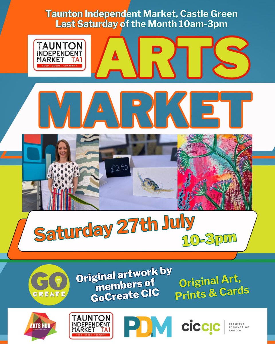 We can’t wait for Saturday #ArtsMarket in collaboration with <a href="/tauntonmarket/">@Tauntonmarket</a> 🙌 we have stalls by GoCreate Members AdamGrose, Andy Baker, Caroline Hooper, Christina Dithmar, Jenny Keogh &amp; Samantha Francis.
Pop along between 10-3pm to say hello 👋 #ArtsMarket