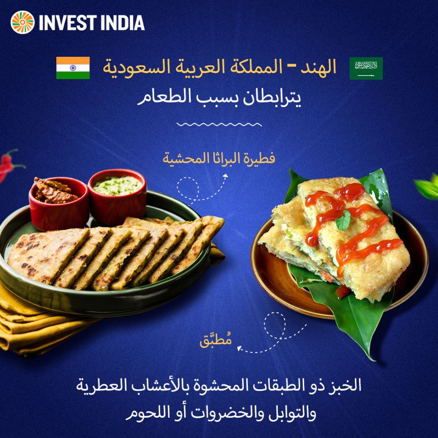 هل تشتهي خبزًا مسطحًا مقرمشًا ورُقاقي محشوًا بحشوٍ لذيذ؟ لا تنظر إلى أبعد من وجبة #المُطبَّق وفطيرة #البراثا، أبناء عمومة مقربين من عالم المأكولات الحلوة والمالحة اللذيذة لـ #المملكة_العربية_السعودية و #الهند. 🫓

 bit.ly/II-Home 

#استثمر_في_الهند #الهند_و_العالم
