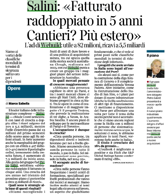 #Webuild chiude i conti semestrali con tassi di crescita a doppia cifra.

🗣️ "Abbiamo raddoppiato il fatturato in cinque anni, una crescita del 10% annuo nel triennio del prossimo piano ci porterebbe a circa 15 miliardi di ricavi. Stiamo raccogliendo i frutti di anni di duro