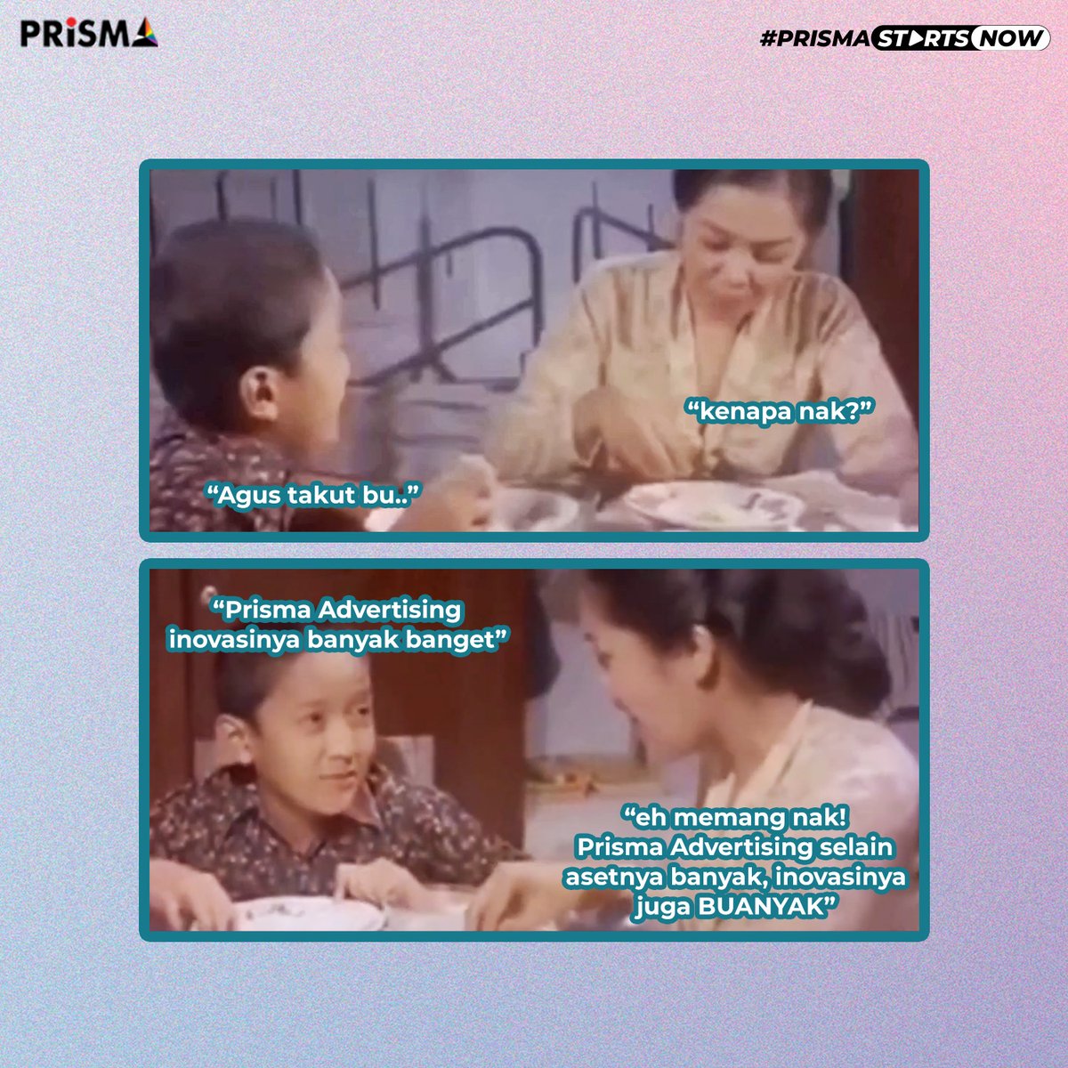 Ppsstttt! Prisma Group lagi siapin inovasi-inovasi baru! 🤫

Tunggu tanggal mainnya 🤩

Agus jangan takut yaa! Emang Prisma Group tuh punya banyak banget inovasi yg bisa bikin campaign brand makin menarik dan diingat oleh target audiensnya.  #PrismaAdvertising #OOHmedia #inovasi