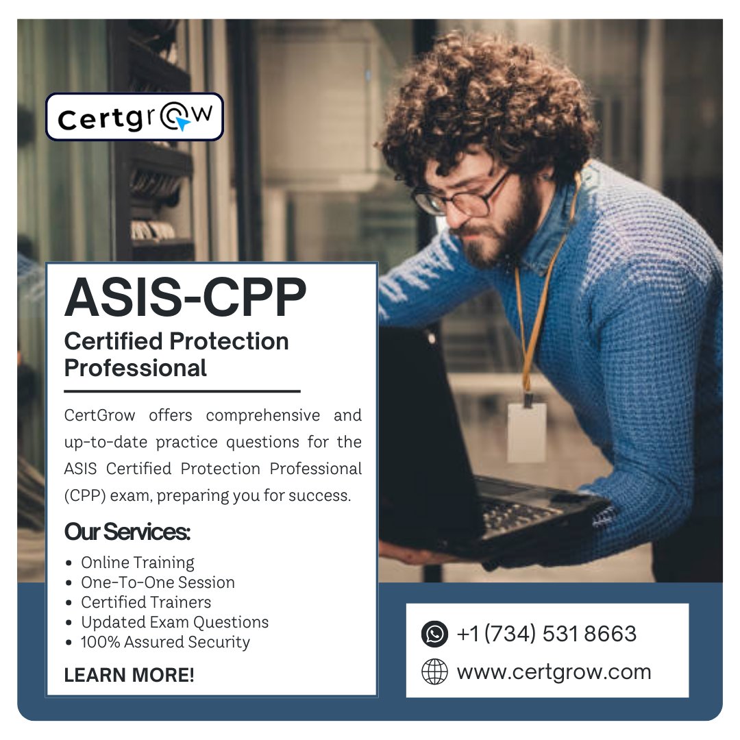 certgrow1's tweet image. #CertGrow offers #ASISCPP #practicequestions to enhance your #security #career and #ensure #success in the #certification #exam.
Connect on WhatsApp: wa.me/17345318663
Visit our website certgrow.com