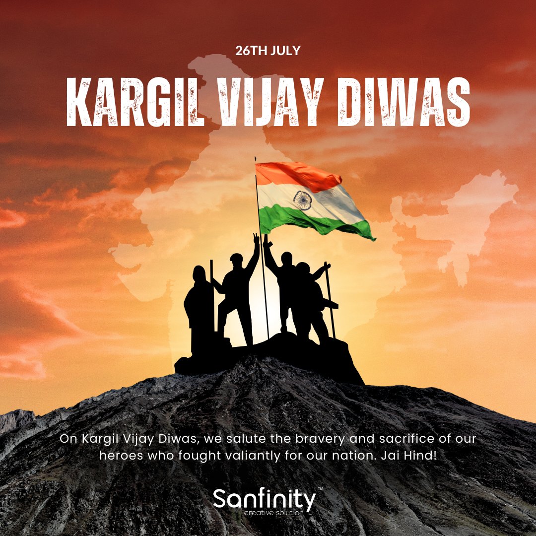 Sanfinityweb's tweet image. On Kargil Vijay Diwas, we commemorate the courage and sacrifice of our brave soldiers who ensured our nation&apos;s victory.✨

At Sanfinity Creative Solution, we honor their unwavering dedication and remember their heroic deeds. 
#KargilVijayDiwas #SaluteToHeroes #Courage #sacrifice