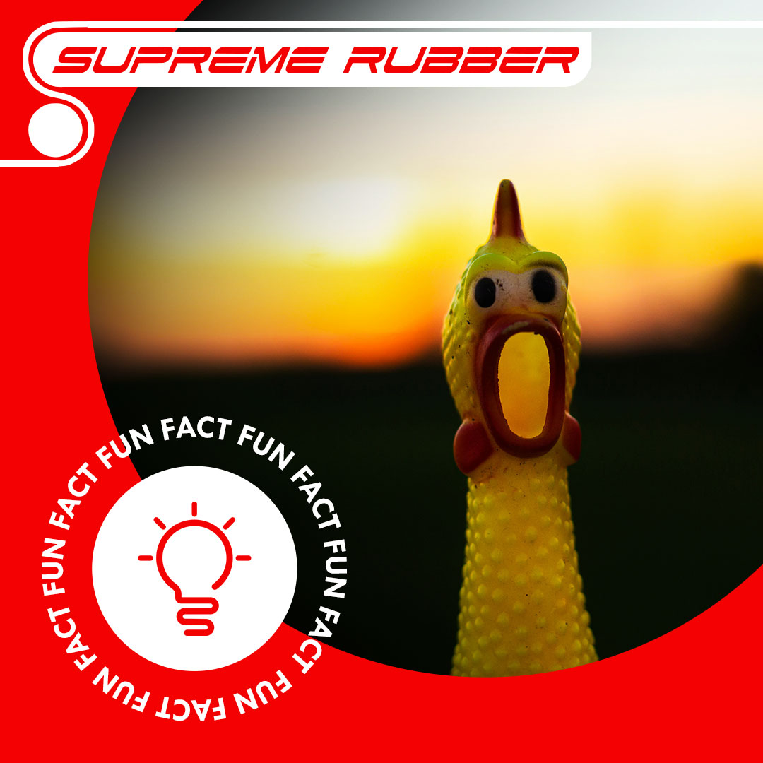 SupremeRubber's tweet photo. FUN FACT:
The rubber chicken has been a staple prop in comedy for decades. Its origins can be traced back to vaudeville acts in the early 20th century, where performers used rubber chickens for slapstick humour. 

#supremerubber #rubberrollers #hypalon #silicone #neoprene https://t.co/Opwcx1HDIZ