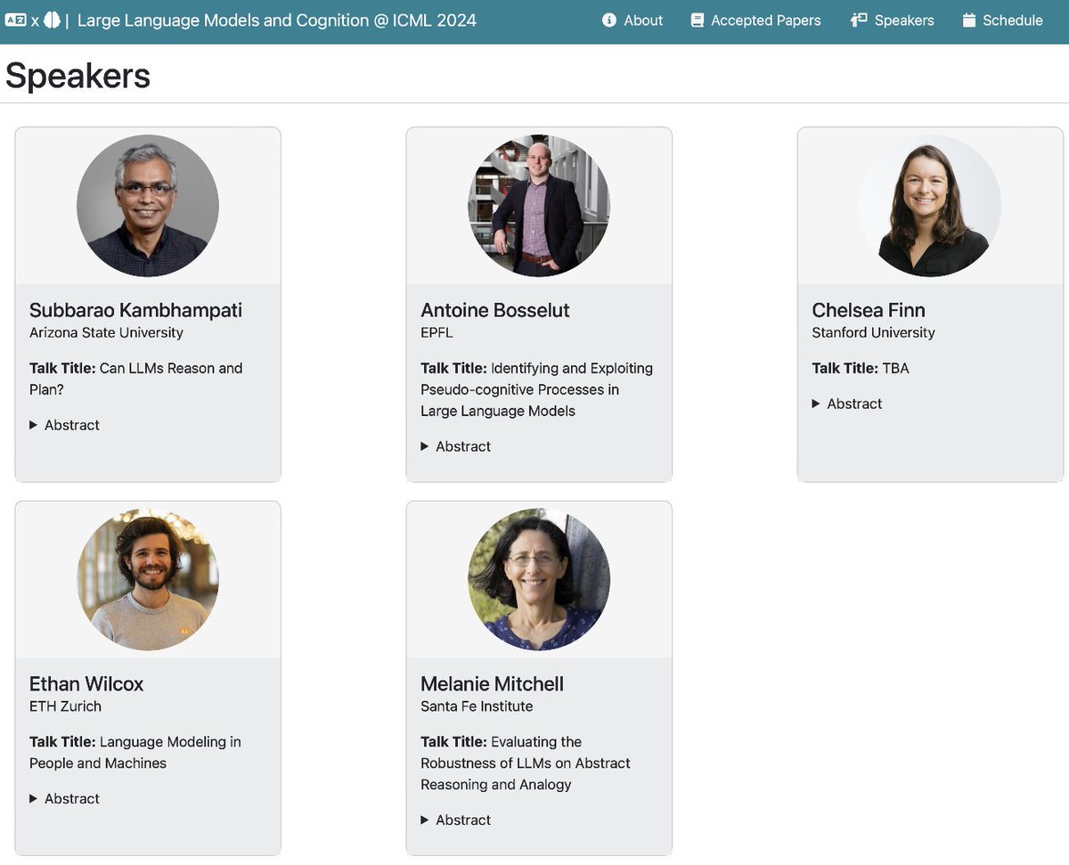Good morning, Vienna! <a href="/icmlconf/">ICML Conference</a>  

Join us tomorrow for the LLMs and Cognition workshop at Lehar 3. We have an incredible lineup of speakers: <a href="/rao2z/">Subbarao Kambhampati (కంభంపాటి సుబ్బారావు)</a>, <a href="/ABosselut/">Antoine Bosselut</a>, <a href="/chelseabfinn/">Chelsea Finn</a>, <a href="/weGotlieb/">Ethan Gotlieb Wilcox</a>, and <a href="/MelMitchell1/">Melanie Mitchell</a>!

Explore our schedule and accepted papers here: llm-cognition.github.io