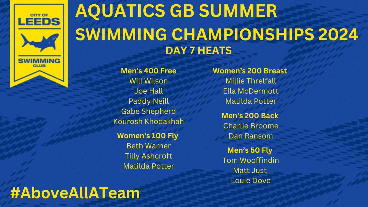 Day 7️⃣ heats coming up soon! 

Good luck to all the Leeds swimmers racing this morning. Relays coming this afternoon. 

⏱️ - results.swimming.org/swimming/resul…

📺 - youtube.com/live/cqUuXScso…

#AboveAllATeam 
#LeedsCityCouncilSTS
#SEPerformanceCentre🏴󠁧󠁢󠁥󠁮󠁧󠁿
#LEEDS🟡🔵