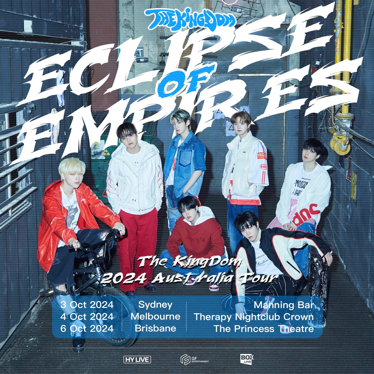 We're thrilled to announce the "⁠Eclipse of Empires: The KingDom 2024 Australia Tour" in October! <a href="/TheKingDom_GF/">The KingDom</a>

Dates:
10.3 Sydney Manning Bar
10.4 Melbourne Crown Therapy Nightclub
10.6 Brisbane The Princess Theatre

Stay tuned for more ticket info!
#TheKingDom #KpopAustralia