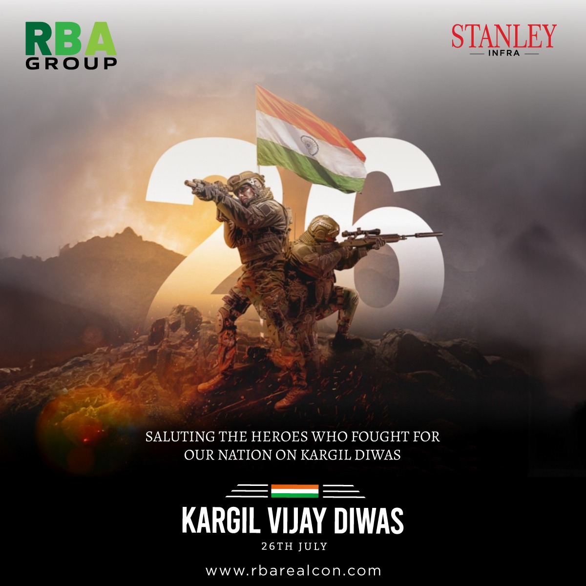 Saluting the heroes who fought for our nation on Kargil Diwas. Their courage and sacrifice inspire us every day.

#KargilVijayDiwas #HeroesOfKargil #Bravehearts #IndianArmy #Sacrifice #PrideOfIndia #Rbagroup #Stanleyinfra