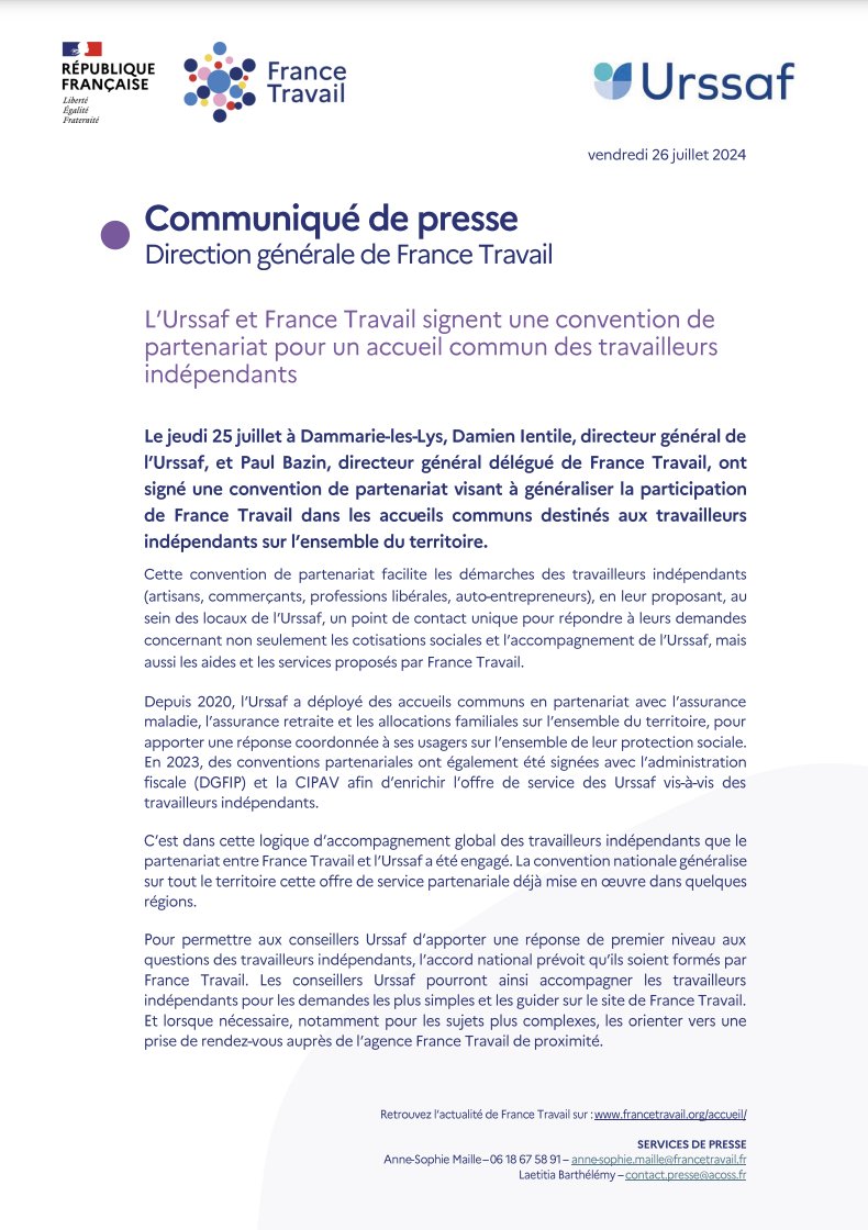 Mieux accompagner les travailleurs indépendants est un objectif que nous poursuivons #AvecFranceTravail et l’<a href="/urssaf/">Urssaf</a> ✅

Pour cela, nous avons signé une convention visant à généraliser un accueil commun afin de faciliter leurs démarches 🤝

En savoir + : francetravail.org/accueil/commun…