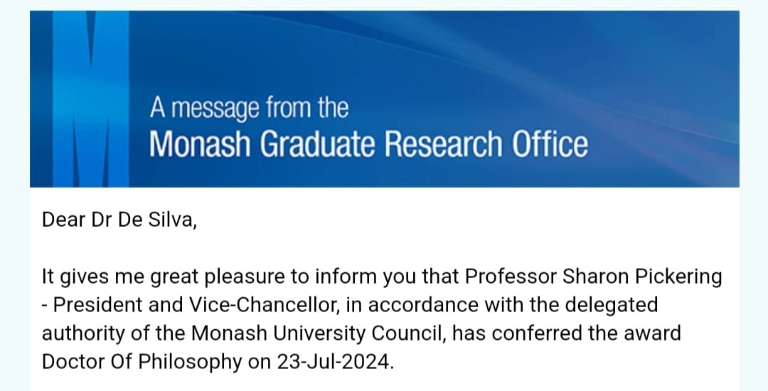 Nedha de Silva (@denedha) on Twitter photo Sharing some happy newsπ My PhD has been conferredπA massive thanks to the amazing women I met in the field, my brilliant supervisors <a href="/SamanthiGun/">Dr Samanthi Gunawardana (no longer on X)</a> & Sara Niner, the wonderful <a href="/GpsMonash/">Monash GPS</a> and <a href="/Monash_Arts/">Monash Arts</a>, my beautiful friends & family and everyone who helped me in this journeyβ€οΈ Sharing some happy newsπ My PhD has been conferredπA massive thanks to the amazing women I met in the field, my brilliant supervisors <a href="/SamanthiGun/">Dr Samanthi Gunawardana (no longer on X)</a> & Sara Niner, the wonderful <a href="/GpsMonash/">Monash GPS</a> and <a href="/Monash_Arts/">Monash Arts</a>, my beautiful friends & family and everyone who helped me in this journeyβ€οΈ
