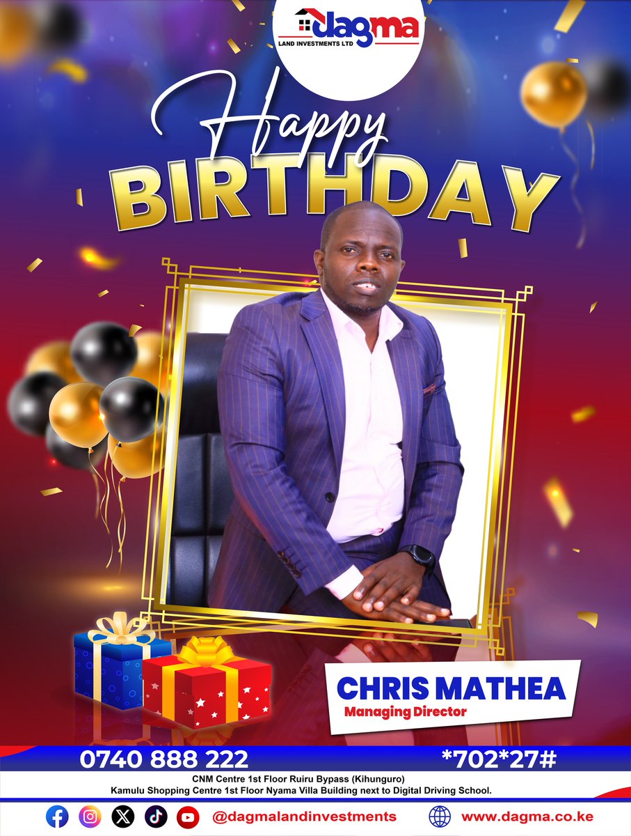 DagmaInvestment's tweet photo. Happy Birthday to ou able Director, More blessings and Success on your new age

#Leadership #dagmalandinvestments 
#affordableplots #realestateinvesting 

#FreeBonifaceMwangi #WeAreNotGoingBack https://t.co/cmYqvt74V3