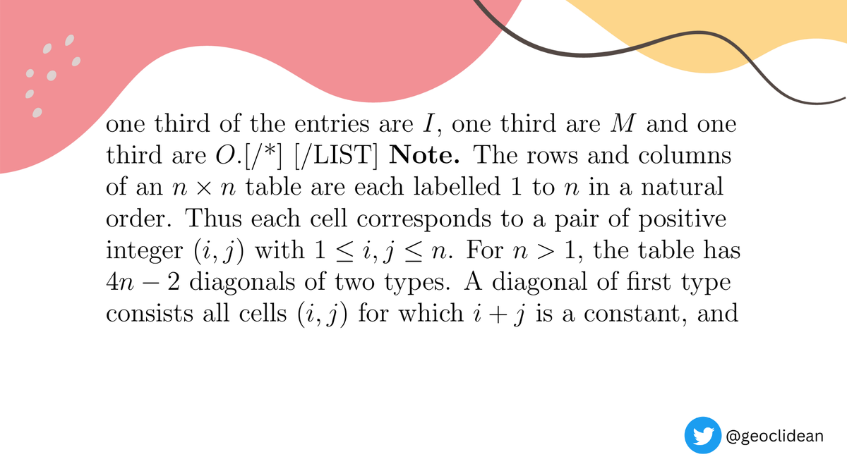 geoclidean's tweet photo. IMO 2016 Problem 2
#IMO #Combinatorics #IMO2016 #IMOShortlist https://t.co/VO3mt9zmGV