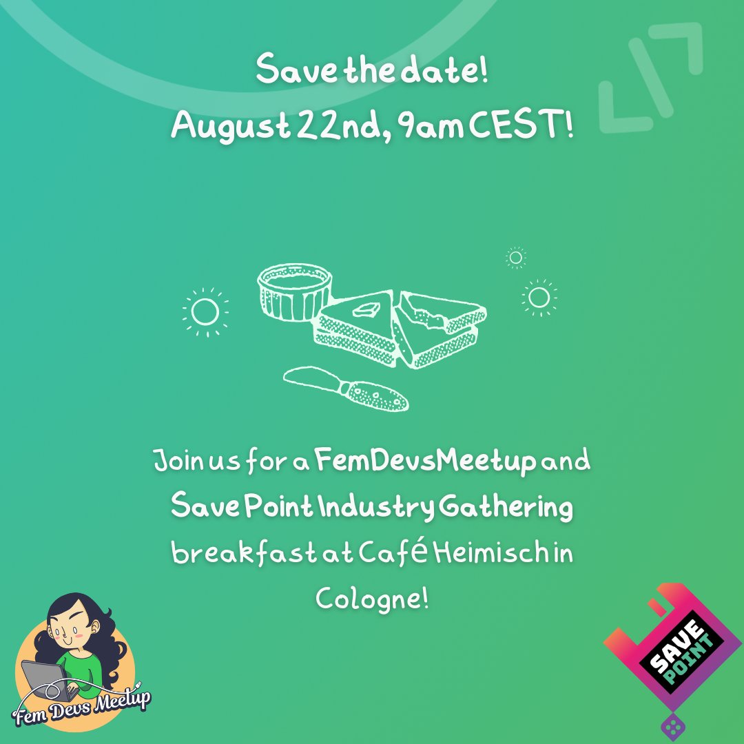 FemDevsMeetup (@femdevsmeetup) on Twitter photo Save the date! 🎉 Join us for a relaxed networking brunch during #gamescom with <a href="/FemDevsMeetup/">FemDevsMeetup</a> & <a href="/SavePointSocial/">SavePoint Industry Gathering</a>. Enjoy good company and a healthy breakfast near Koelnmesse. 🥐 Registration is free and opens soon! Stay tuned! 💚 Save the date! 🎉 Join us for a relaxed networking brunch during #gamescom with <a href="/FemDevsMeetup/">FemDevsMeetup</a> & <a href="/SavePointSocial/">SavePoint Industry Gathering</a>. Enjoy good company and a healthy breakfast near Koelnmesse. 🥐 Registration is free and opens soon! Stay tuned! 💚