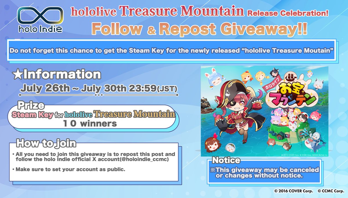 🎁🎁🎁Giveaway🎁🎁🎁

We are celebrating the release of "hololive treasure mountain" by giving away 10 Steam keys🙌!!
#ホロライブお宝マウンテン

🔽How to join
①Follow this account
②Repost this

Giveaway Deadline is July 30th, 23:59(JST)
Feel free to join!

#holoindie