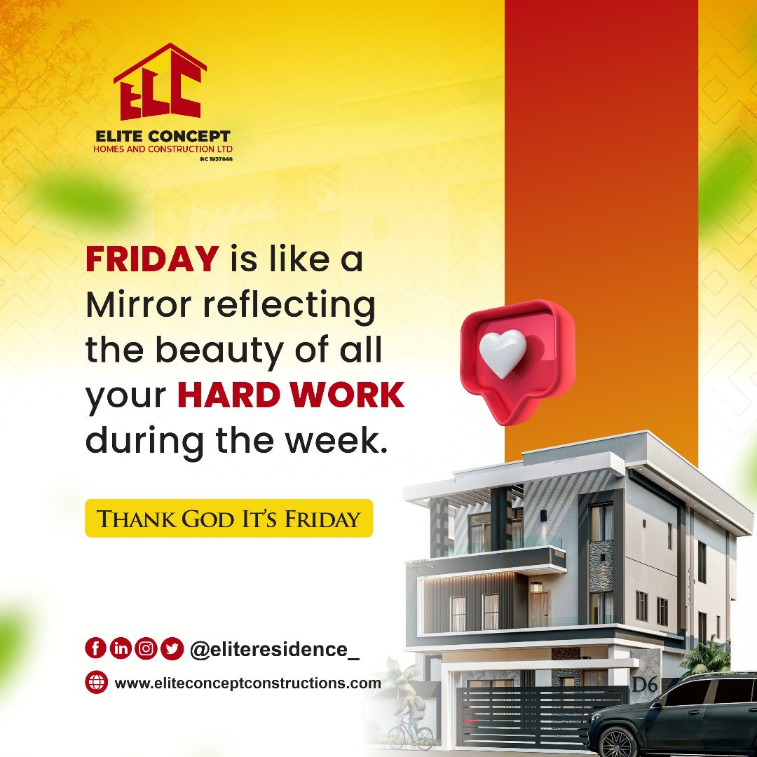eliteresidence_'s tweet photo. FRIDAY is like a 
Mirror reflecting 
the beauty of all 
your HARD WORK 
during the week. 

Thank God It’s Friday

#AchieveAnything #Abuja #kuje #RealEstate  #properties #Idu #EliteResidence #kyami #investment #nigeria https://t.co/fzGoFZ4n5I