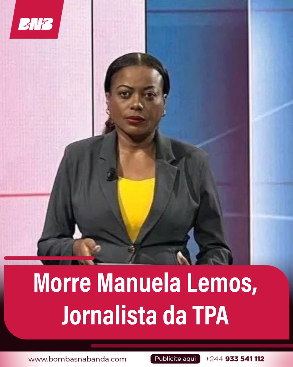 BombasNaBanda's tweet photo. #bombasnabanda Morre Manuela Lemos, Jornalista da TPA
.
Manuela Lemos, jornalista da TPA, faleceu em 25 de julho devido a uma doença. Ela era conhecida por apresentar o programa "África Hoje". 

Seu falecimento foi confirmado por familiares e amigos, que lamentaram a perda. https://t.co/yieAyC2VHI