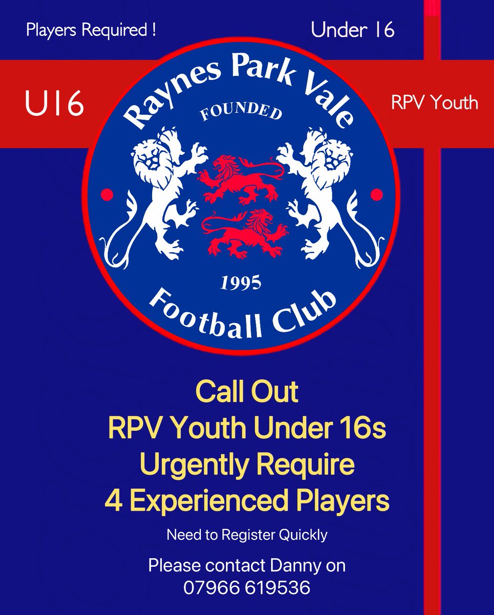 🔵🔴🟡 RPV Youth Under 16s urgently need 4 players pronto. 
Please contact coach Danny ⚽️