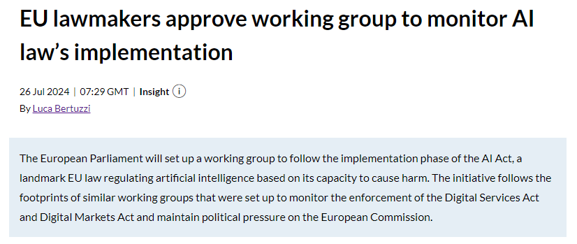 NEW: The European Parliament is setting up a working group to monitor the implementation of the #AIAct, following the example of the #DMA &amp; #DSA. Membership and modalities will be defined in Sept, but the same MEPs are expected to be involved.
content.mlex.com/#/content/1579…