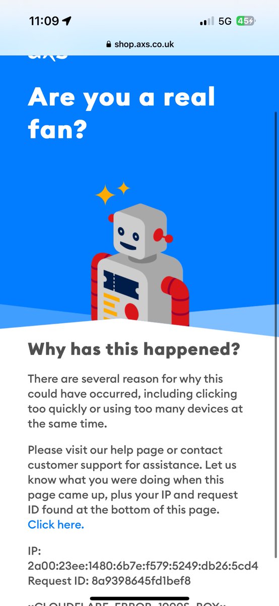 <a href="/AXS_UK/">AXS_UK</a> queued for 40mins+, got in, refreshed and finally found 4 seats then this! Some very disappointed teenagers here. Now you won’t let me back in?!