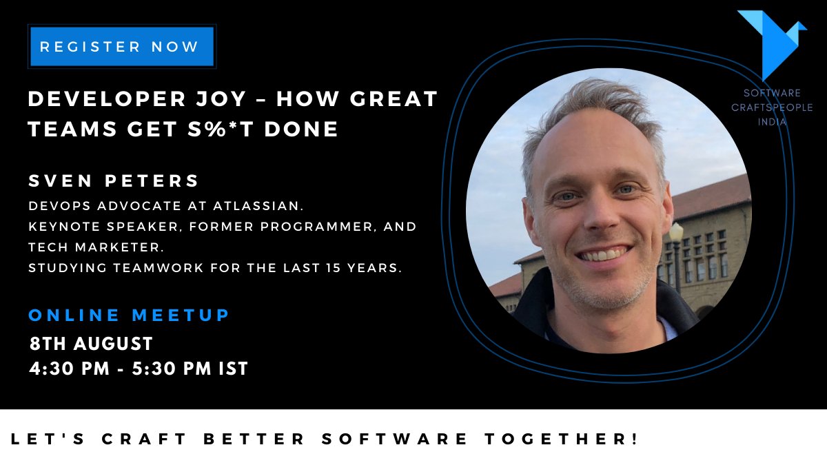 SwcraftIndia's tweet photo. How do great software teams work to create a joyful engineering culture?
 
Join us as @svenpet reveals how top teams measure and enhance developer experience, coordinate work across teams, and tackle development challenges.
 
Don't miss out! 
https://t.co/3yDhgOQWBb https://t.co/PzxH0xIdOl