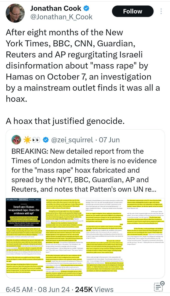 SadiaSy10639266's tweet photo. @halalflow The claim of "Hamas mass rape" is a blatant falsehood that has been thoroughly discredited. Numerous investigations have found no evidence of any such atrocities committed by Hamas. This fact has even been acknowledged by Haaretz. @KamalaHarris @VP
#Hasbara #AtrocityPropaganda https://t.co/LqLtHaP1Lk