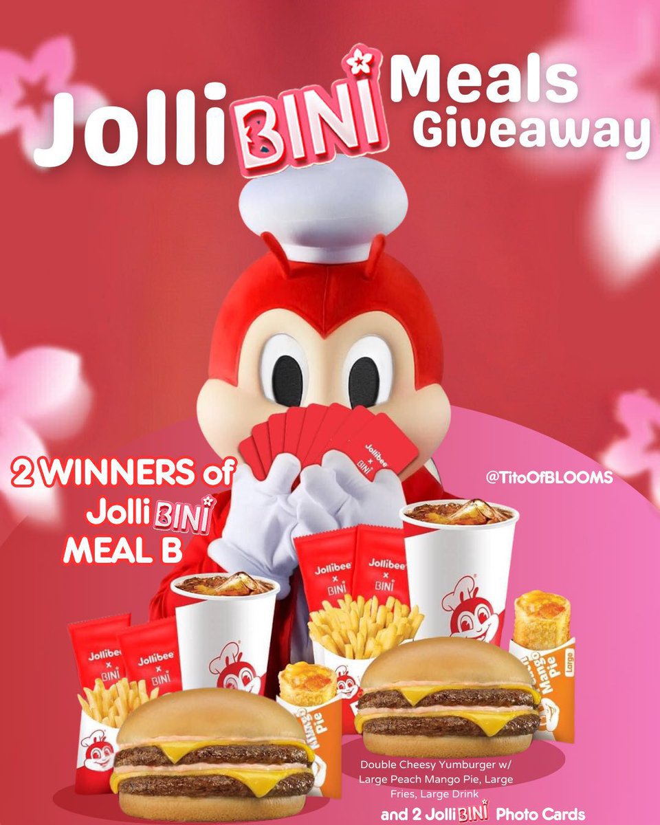 🌸JOLLIBINI GIVEAWAY🌸

We’re giving away 2 winners + 1 JOLLIBINI MEAL B worth P300 GCASH. 

To enter: 

✅ follow me @TitoOfBLOOMS and @DanksoloNFT 
✅ RT, like and bookmark
✅ 1 winner from QRT P100 GCASH — Ano ang pinaka need niyo na school supplies?

I’ll pick the winners via