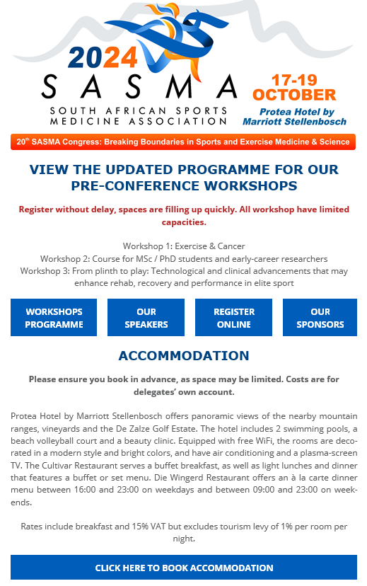 SASMA_ZA's tweet photo. Don't miss out! Register now for a conference boasting esteemed speakers and diverse sessions on injury prevention, sports medicine, nutrition, and athlete well-being. #SASMAStrong
Register Here: https://t.co/ZfYbr3vrFd https://t.co/zjiiDb7cce