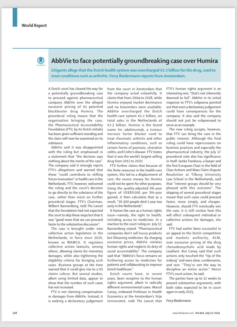 Stichting Farma ter Verantwoording (@stichtingftv) on Twitter photo Proud that our court case against <a href="/abbvie/">AbbVie</a> on the excessive profits on blockbuster medicine #humira is discussed today in the prestigious medical journal <a href="/TheLancet/">The Lancet</a> <a href="/ferrybiedermann/">Ferry Biedermann</a> <a href="/StichtingFTV/">Stichting Farma ter Verantwoording</a>
thelancet.com/action/showPdf… Proud that our court case against <a href="/abbvie/">AbbVie</a> on the excessive profits on blockbuster medicine #humira is discussed today in the prestigious medical journal <a href="/TheLancet/">The Lancet</a> <a href="/ferrybiedermann/">Ferry Biedermann</a> <a href="/StichtingFTV/">Stichting Farma ter Verantwoording</a>
thelancet.com/action/showPdf…