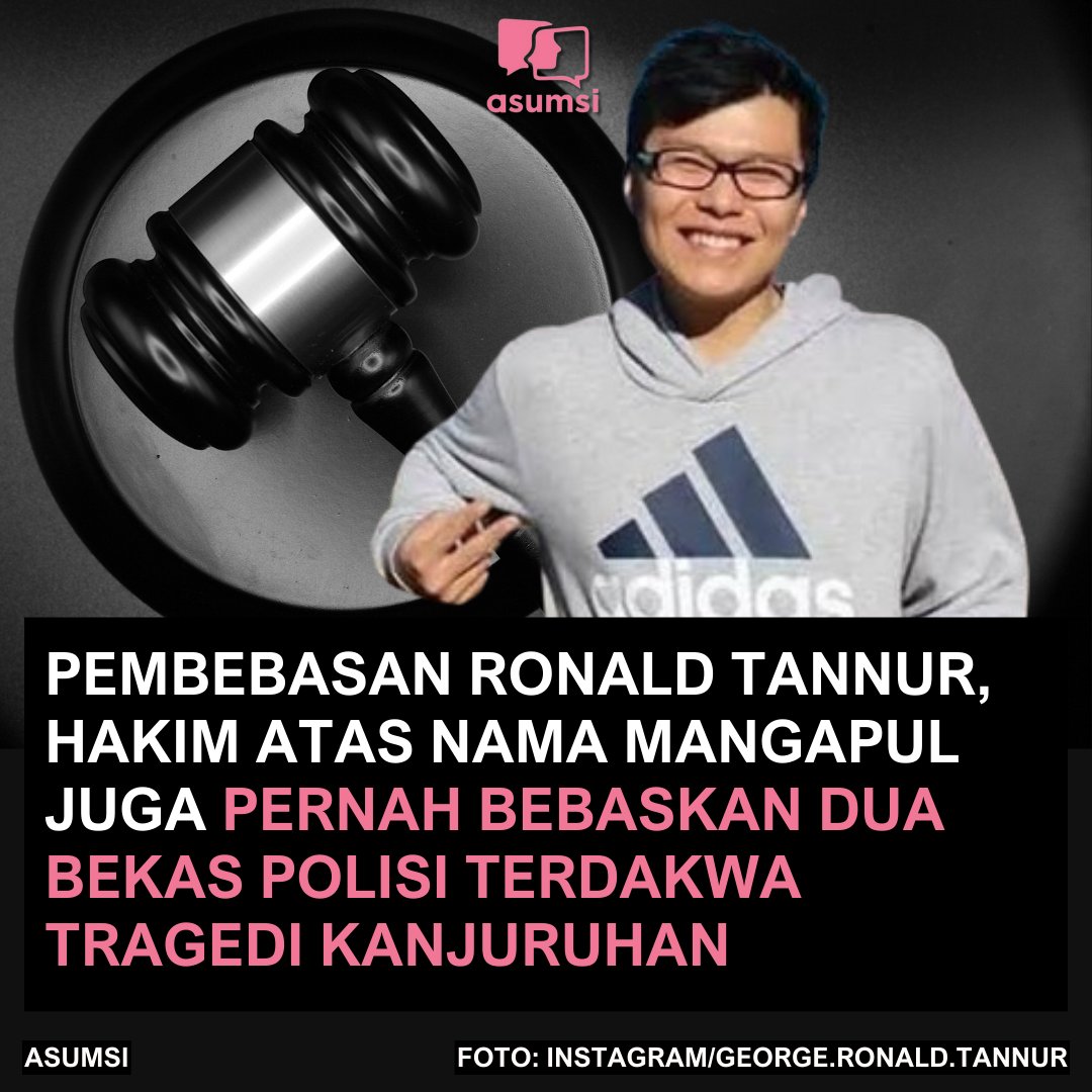 asumsico's tweet photo. Ada tiga hakim dalam persidangan yang memutus pembebasan Gregorius Ronald Tannur, terdakwa pembunuhan dengan korban Dini sera Afriyanti. Salah satu dari hakim atas nama Mangapul diketahui juga memvonis bebas terdakwa dalam tragedi Kanjuruhan.

Ronald Tannur sendiri sebelumnya dituntut 12 tahun penjara oleh jaksa penuntut umum (JPU). Adapun tiga hakim yang memutus vonis bebas Ronald Tannur adalah Erintuah Damanik (Hakim Ketua), Heru Hanindyo, dan Mangapul.

Baca berita selengkapnya! https://t.co/voO3tnNnEv

#RonaldTannur #Penganiayaan #Hakim #Asumsico