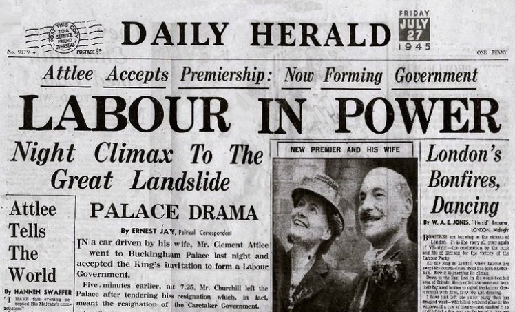 26 July 1945. The results of the General Election, held on 5 July 1945, were finally declared. They revealed that the Labour Party led by Clement Attlee had won a landslide victory over Winston Churchill’s Conservative Party.