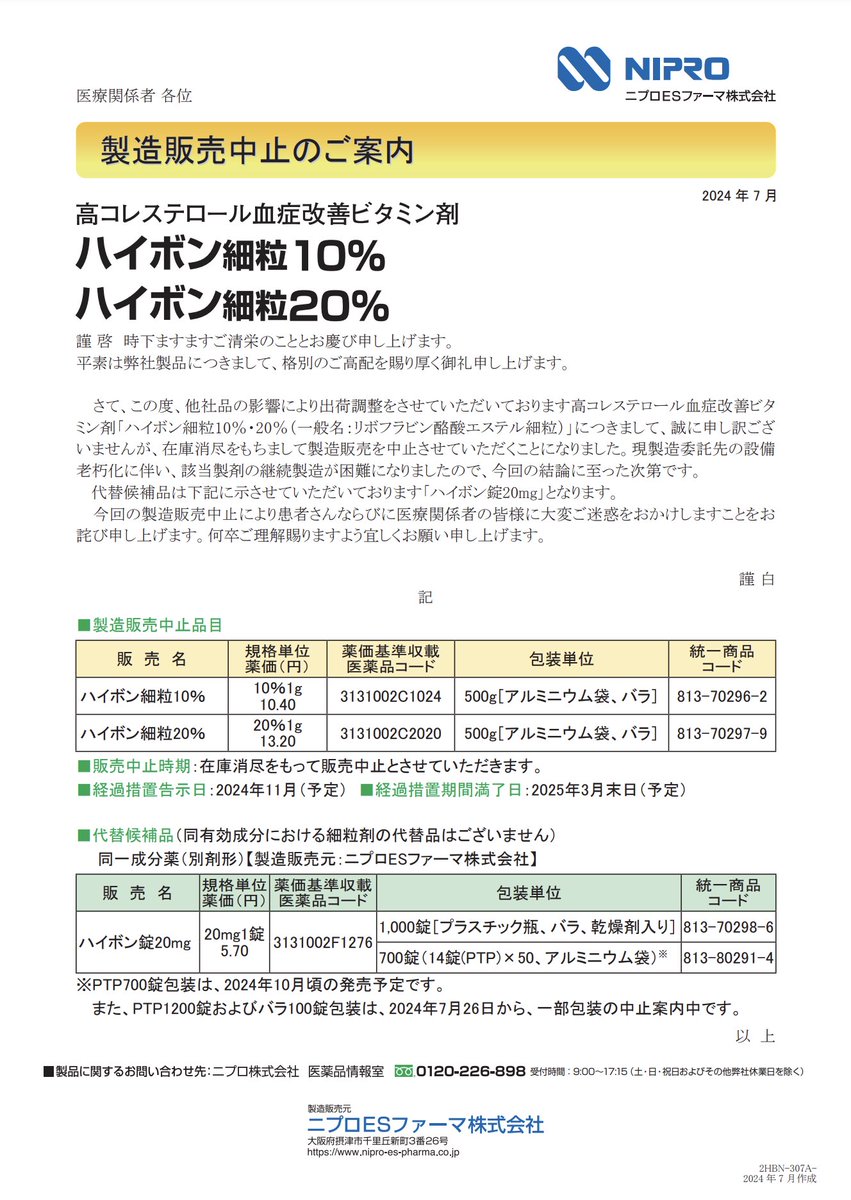 nn(⚠️販売停止中)ページ 2024年7月26日 ニプロESファーマ 製造販売中止のご案内ハイボン細粒10