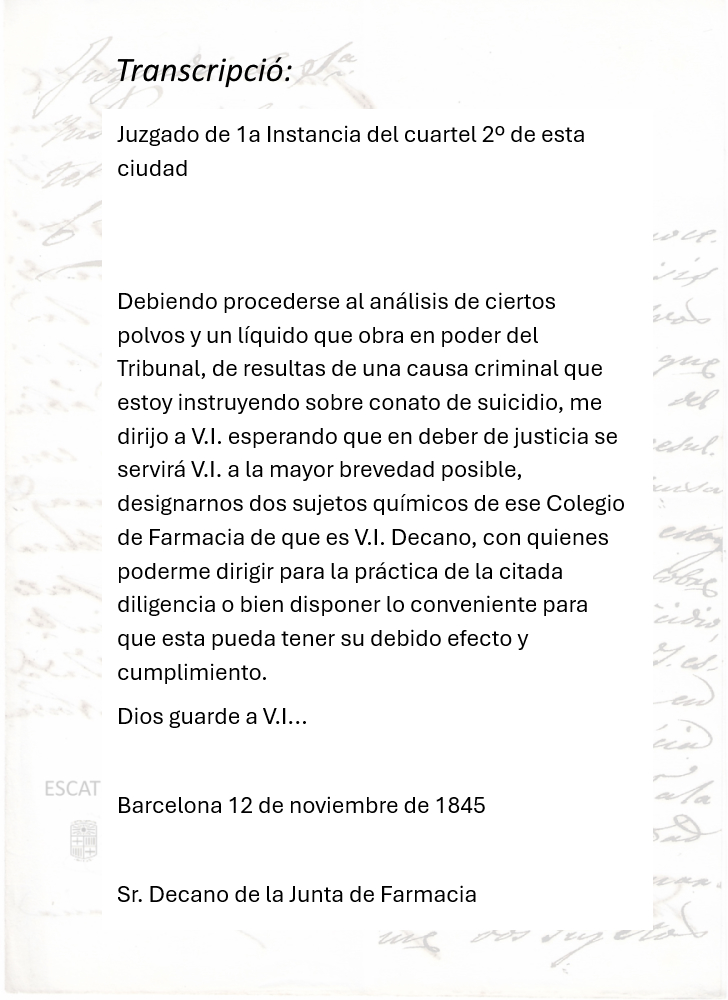 Un antic cas ens mostra una de les vies com el coneixement científic <a href="/UniBarcelona/">Universitat de Barcelona</a> contribueix amb la societat: 
1845, el jutge instructor d'una causa d'intent de suïcidi demana al degà de Farmàcia dos químics per l'anàlisi de les proves trobades 
🧑‍🔬🧪🥼👩‍🔬
Afegim transcripció 🤓