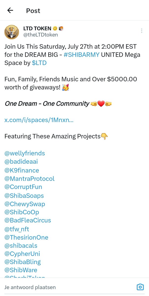 Fabiovdsteen's tweet photo. This Saturday do not miss the upcoming $LTD #LivingtheDream #MEGASPACES ๐ฅ๐ The list of participants and speakers is telling me its gonna be bullish fun! #SHIBARIUM $Shib #Shibarmy #SHIBDREAMNFTS #DREAMBIG โค๏ธโ๐ฅ๐ชฝ https://t.co/qdhpg5HFBZ