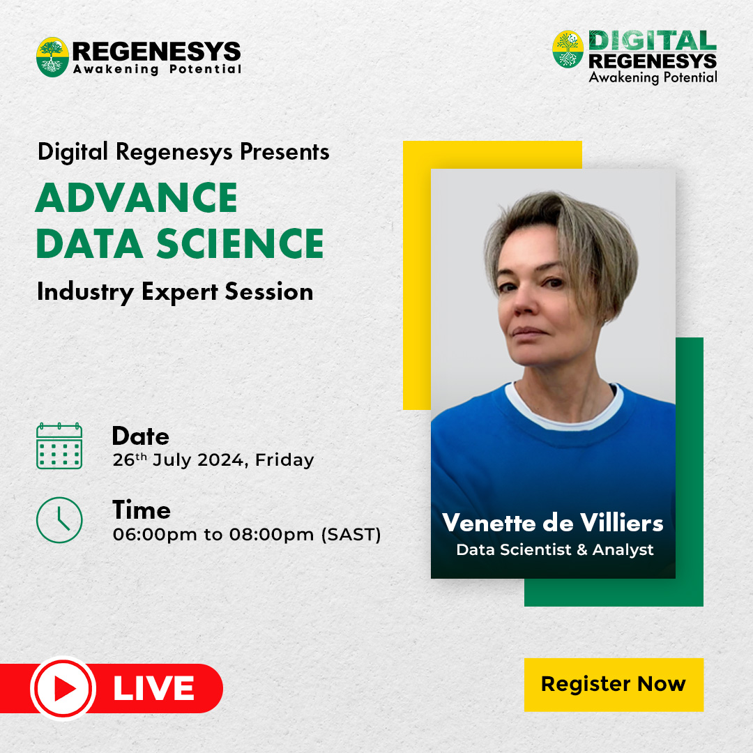 DigiRegenesys's tweet image. Don’t miss our special session with Venette Van Zyl De Villiers. Get ready to delve into advanced data science concepts and practices.

📅 Today: 6:00 PM - 8:00 PM
Join us tonight and enhance your expertise!

#DigitalRegenesys #DataScienceExpert #IndustryExpert