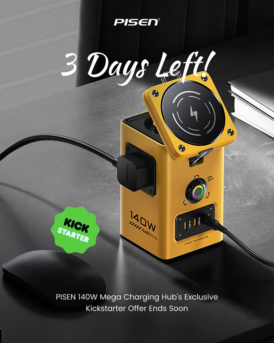 pisenglobal's tweet photo. 🚀 𝗢𝗻𝗹𝘆 𝟯 𝗗𝗮𝘆𝘀 𝗟𝗲𝗳𝘁! 🚀  
The campaign ends on July 29th, so act now to secure this powerful charging solution at an unbeatable price!  
#PISEN #kickstarter #pisen140WMegaChargingHub #megsafecharger #technolovers #FinalCountdown #Crowdfunding #TechDeals #LastChance https://t.co/6WrYdmsxQc