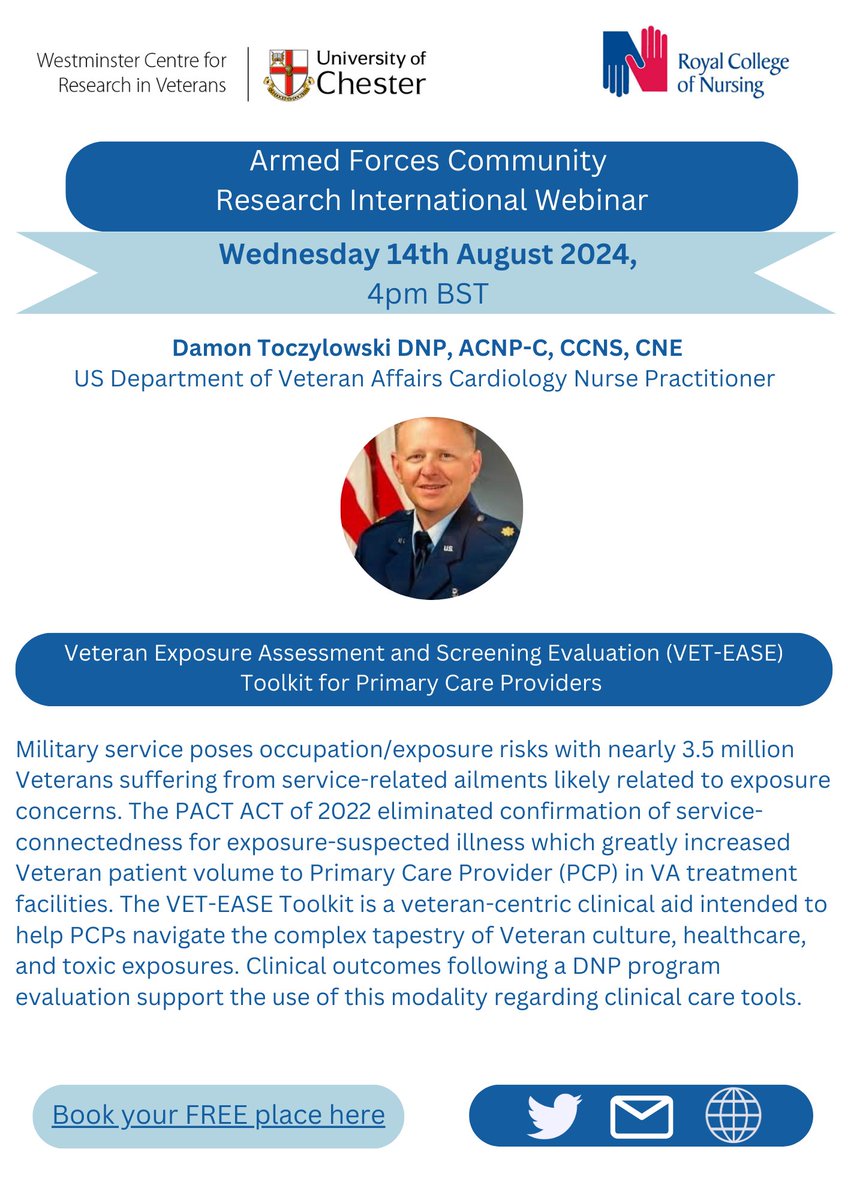 The next session of our Armed Forces Community Research International Webinar series is taking place on 14th August at 4pm. Book your FREE ticket here: buytickets.at/veteranscentre…