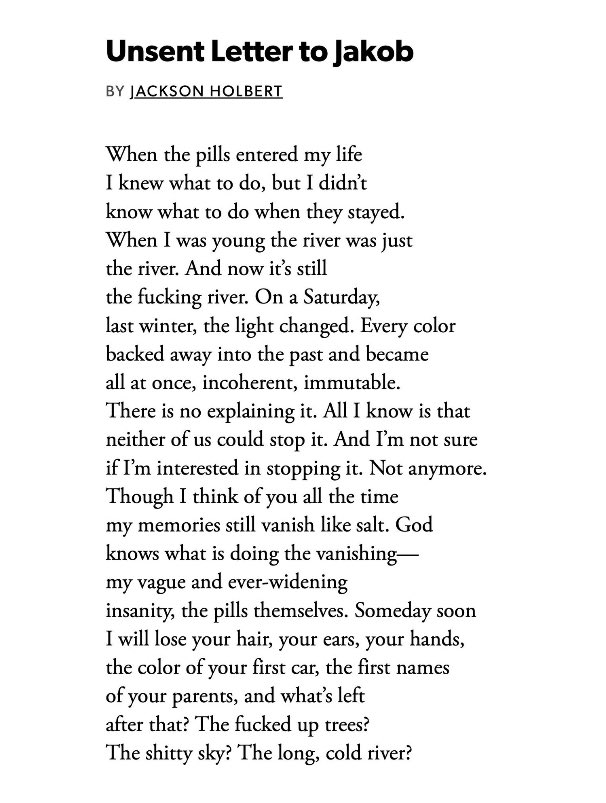 This poem by <a href="/JacksonHolbert/">Jackson Holbert</a> physically hurts me