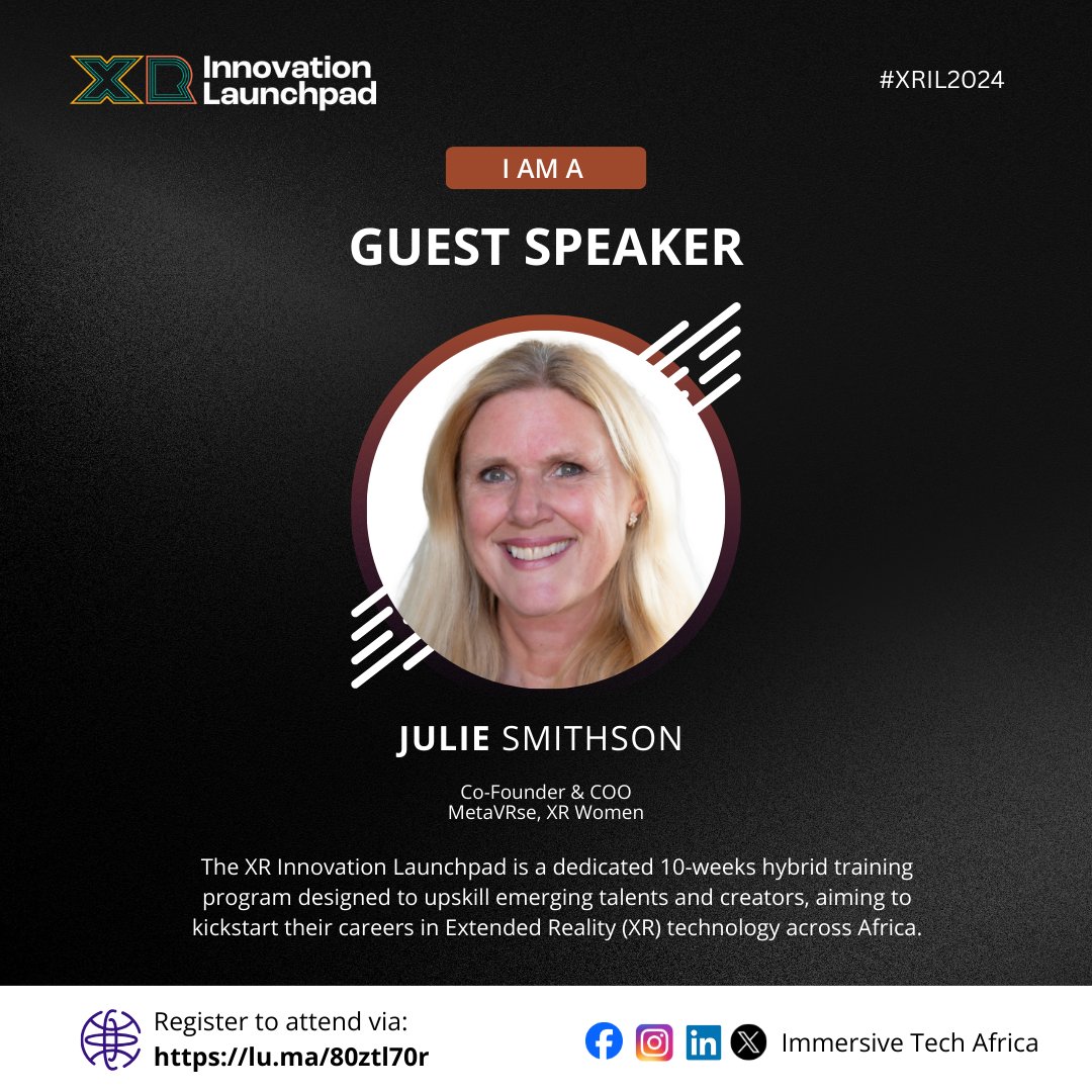 We are excited to introduce <a href="/juliesmithso/">Julie Smithson</a> as a guest speaker for the XR Innovation Launchpad Program.

Julie is the co-founder of <a href="/MetaVRse/">METAVRSE</a>, a revolutionary code-optional platform that makes it easy to create and share interactive 3D experiences instantly on the web.