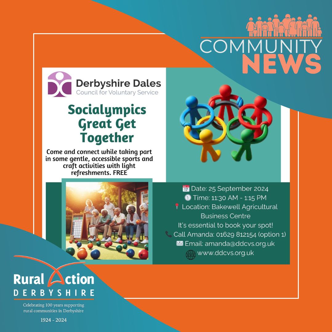 Join Derbyshire Dales CVS for a FREE Socialympics event on 25th September at Bakewell Agricultural Business Centre! Connect while enjoying gentle, accessible sports and craft activities. 

#DerbyshireDales #Socialympics #CommunityEvent #Bakewell