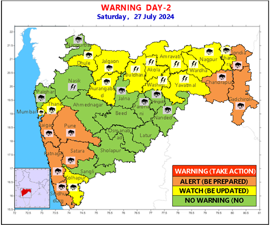 Hosalikar_KS's tweet photo. 26 July, Rainfall alerts by IMD for next 4, 5 days for Maharashtra.
Today for #Pune: Extremely heavy rains at isol places in ghat areas. Mod rain in plains. Orange alert.
Tomorrow: Heavy to very heavy rains at isol places in ghat areas. Light to Mod rain in plains. Orange alert. https://t.co/EpA4TPzmd5