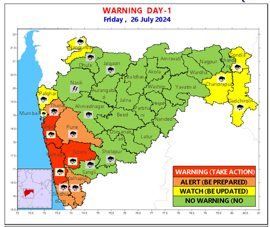 Hosalikar_KS's tweet photo. 26 July, Rainfall alerts by IMD for next 4, 5 days for Maharashtra.
Today for #Pune: Extremely heavy rains at isol places in ghat areas. Mod rain in plains. Orange alert.
Tomorrow: Heavy to very heavy rains at isol places in ghat areas. Light to Mod rain in plains. Orange alert. https://t.co/EpA4TPzmd5