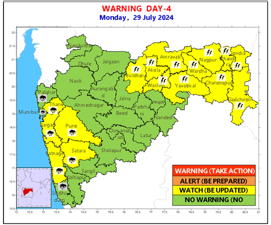 Hosalikar_KS's tweet photo. 26 July, Rainfall alerts by IMD for next 4, 5 days for Maharashtra.
Today for #Pune: Extremely heavy rains at isol places in ghat areas. Mod rain in plains. Orange alert.
Tomorrow: Heavy to very heavy rains at isol places in ghat areas. Light to Mod rain in plains. Orange alert. https://t.co/EpA4TPzmd5