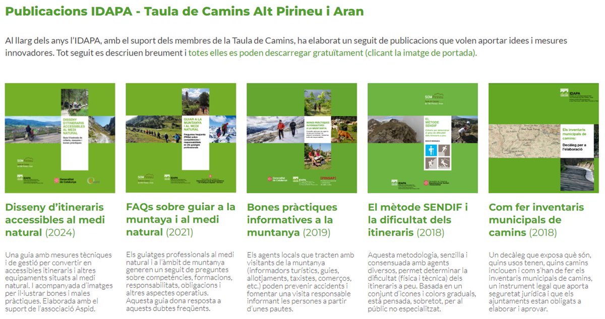 Els darrers anys l’IDAPA, amb el suport de la Taula de Camins, ha elaborat un seguit de publicacions que aporten mesures innovadores. Si us interessen la muntanya, els itineraris a peu i el senderisme, ja teniu lectura d'estiu! Totes es poden descarregar a sompirineu.cat/camins/recurso…