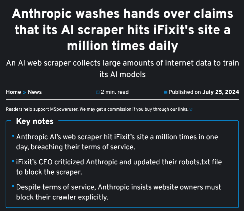 App8starz's tweet image. Anthropic washes hands over claims that its AI scraper hits iFixit's site a million times daily
mspoweruser.com/anthropic-wash…
#ai #webcrawler #webscraper #llm #web 
#Anthropic
