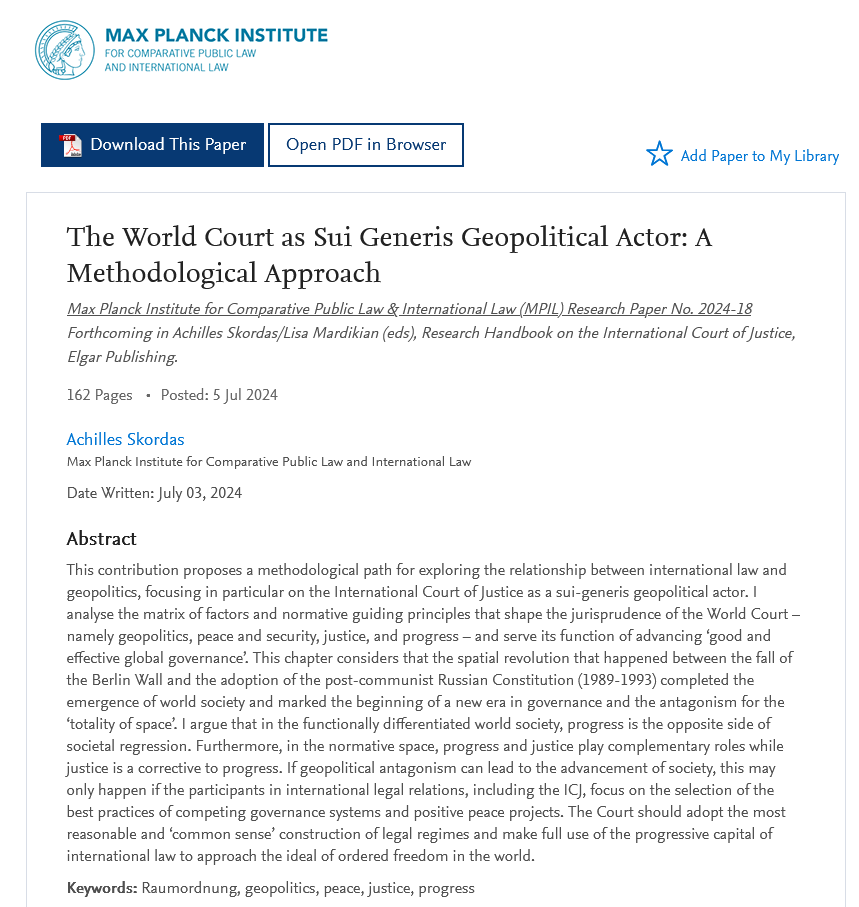 MPILheidelberg's tweet image. In #Mpil Research Paper Series Nr 2024-18 @SkordasAchilles unpacks the #IJC’s role as a #geopolitical actor.
👉 is.gd/RjWAWT
