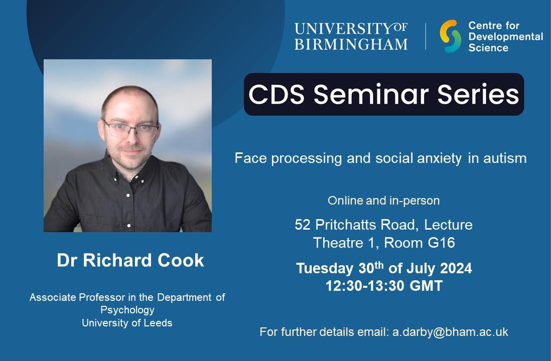 UoB Centre for Developmental Science (@uob_cds) on Twitter photo We're looking forward to having Dr Richard Cook come and talk to us on Tuesday at 12:30. For further details email A.Darby@bham.ac.uk We're looking forward to having Dr Richard Cook come and talk to us on Tuesday at 12:30. For further details email A.Darby@bham.ac.uk