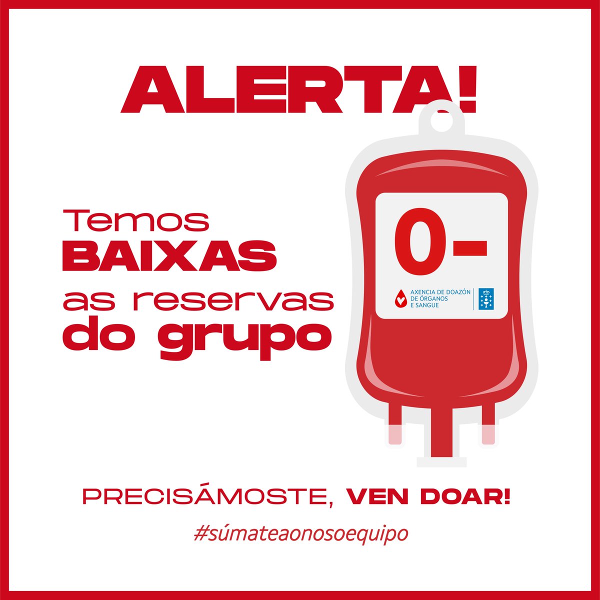 Reservas baixas do grupo CERO NEGATIVO! 🩸Se é o teu grupo, ven #doar! 
Botarás menos de 15 minutos e podes axudar a salvar vidas 
-  
¡Reservas bajas del grupo CERO NEGATIVO! #donar! 
Durará menos de 15 minutos y puedes ayudar a salvar vidas   🙏